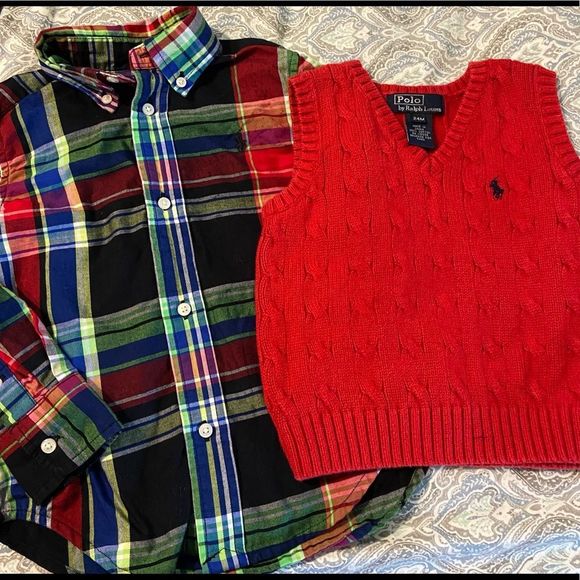 Ralph Lauren polo plaid long sleeve shirt & RL polo red sweater vest fall - Picture 1 of 5